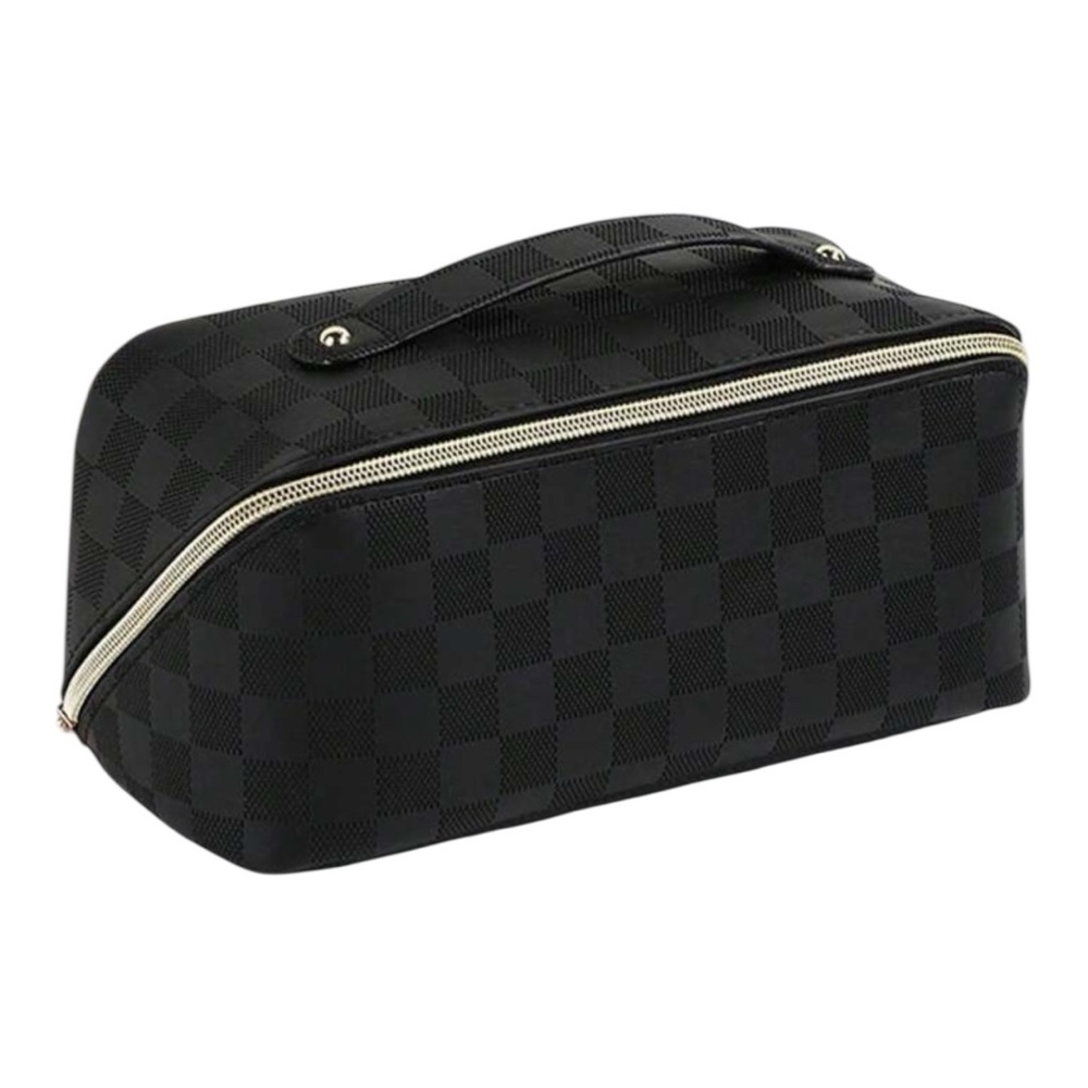 Black Checkered Canvas Cosmetic Bag